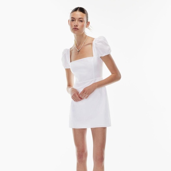 Aritzia Dresses & Skirts - Aritzia Sunday Best Square Neck Back Lace Up Mini Dress 6 White Short Sleeve